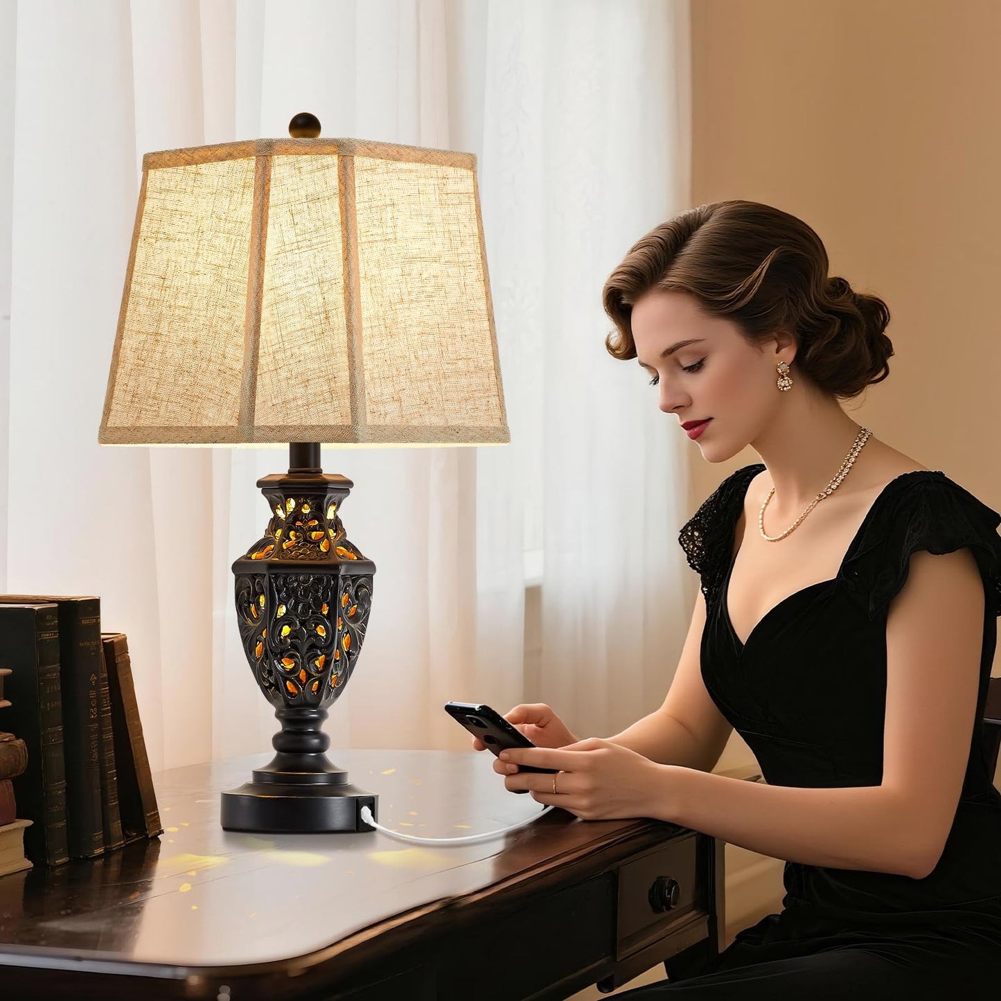EJIAXIN Lamps for Night Stands Set of 2-23.5" Vintage Bedside Lamp with USB A+C and Nightlight - Black Retro Carved Resin Farmhouse Table Lamp for Bedrooms, End Tables, Living Room, Bulbs Included