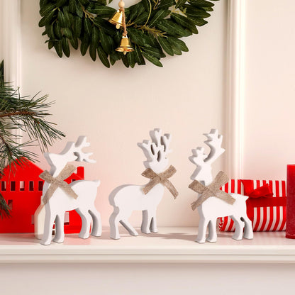 Redbaker 3 Pcs Reindeer Christmas Decorations Indoor Wooden Reindeer Cutouts Christmas Tiered Tray Decor White Rustic Block Sign for Xmas Winter Centerpieces Home Office Table Shelf Desk Mantel Decor