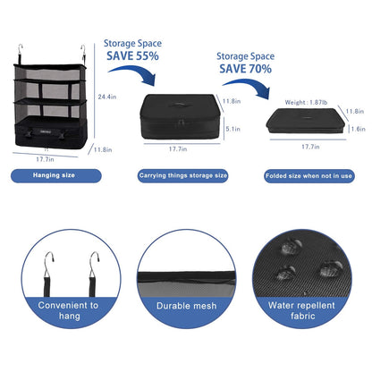 TABITORA Portable Hanging Travel Shelves Bag Packing Cube Organizer Suitcase Storage Large Capacity (Black XL)