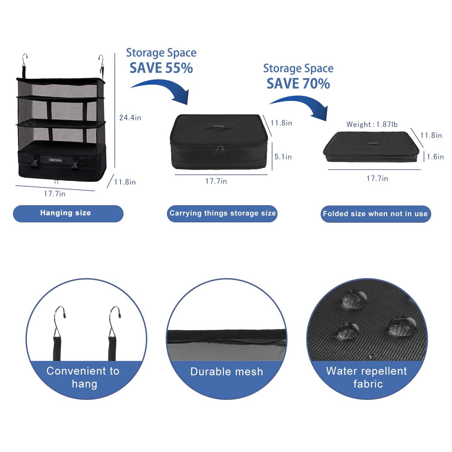 TABITORA Portable Hanging Travel Shelves Bag Packing Cube Organizer Suitcase Storage Large Capacity (Black XL)