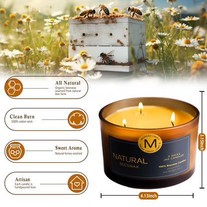3 Wick Beeswax Candle in Jar, Natural Beeswax Candles Non Toxic for Air Purification, Honey Aroma Bees Wax Jar Candle for Home Decor, Fragrance Free, Paraffin Free