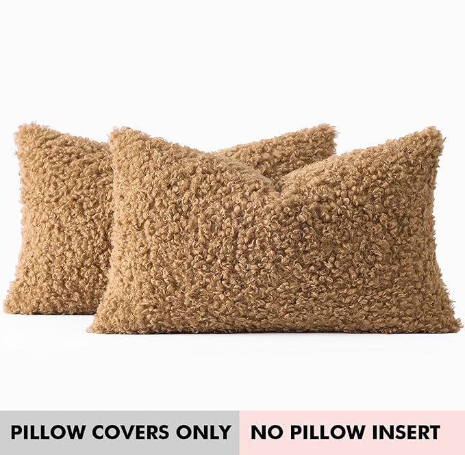 Faux Fur Throw Pillow Covers 20x12 Inch Set of 2 Boucle Neutral Decorative