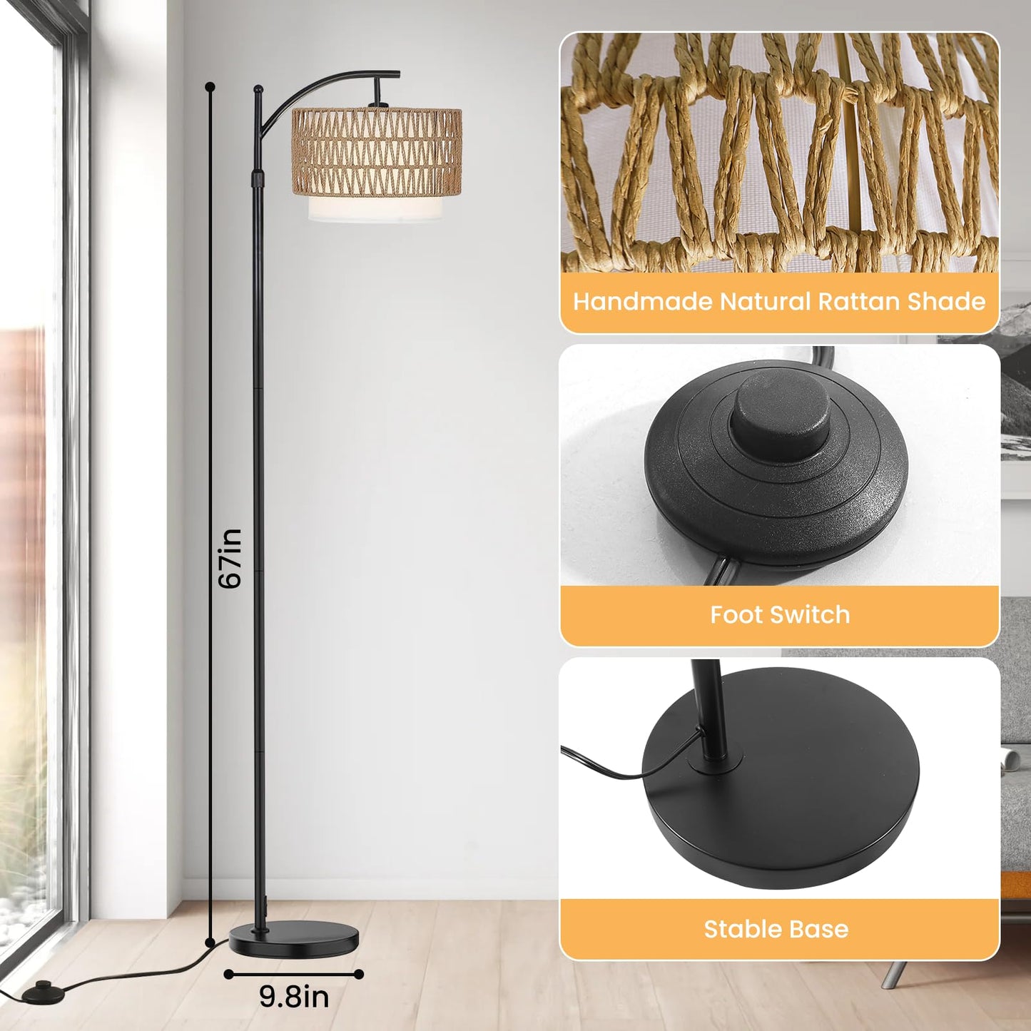 Yusist Arc Floor Lamp for Living Room,Farmhouse Floor Lamps with Remote Control & Dimmable Bulb,Rattan Boho Tall Standing Lamp for Bedroom Office