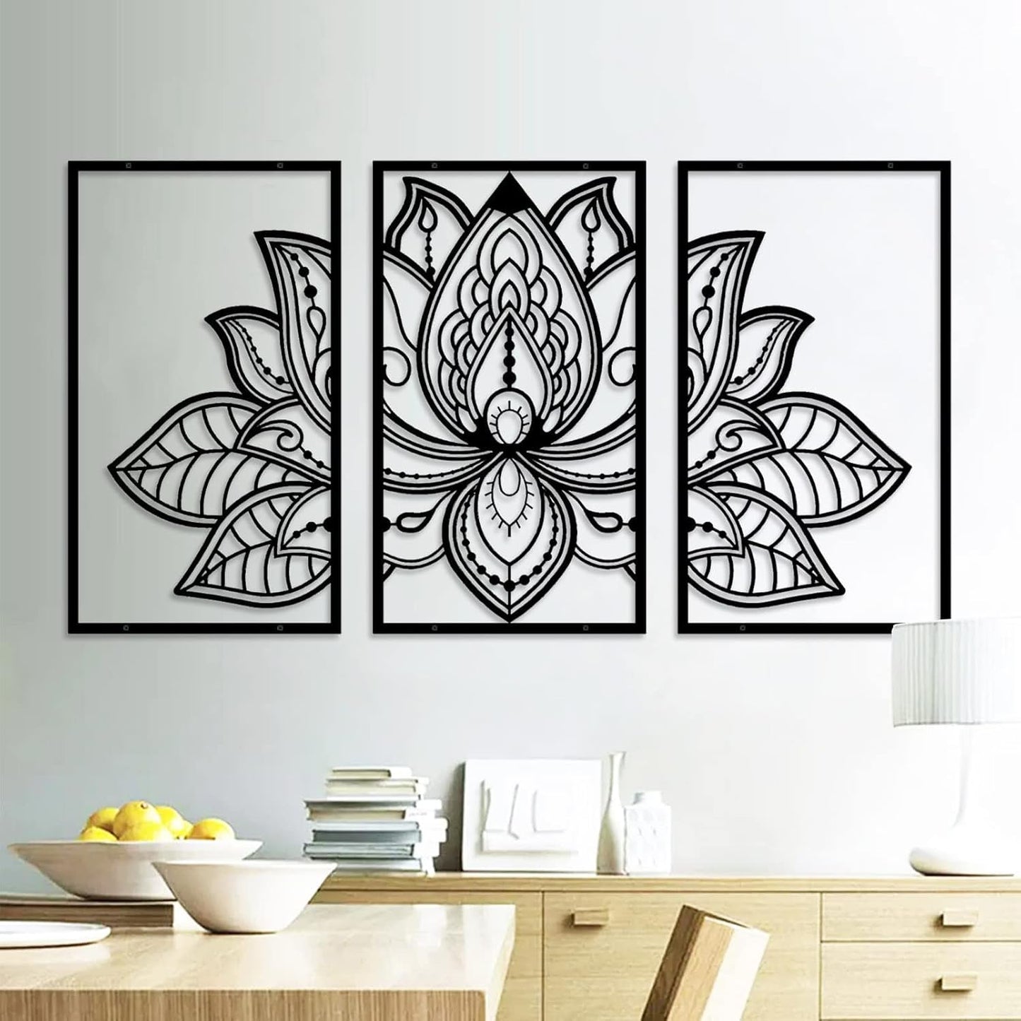 Resama 3 Pcs Lotus Flower Wall Art Decor Metal Mandala Wall Decor Unique Lotus Flower Wall Art for Living Room, Bedroom, Office and Yoga Room Hanging Decor(Black,Large)