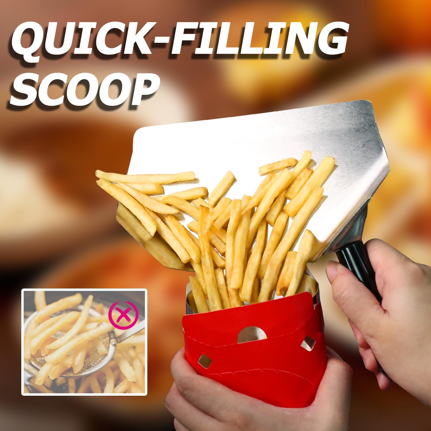 Bonsicoky 2 Pcs Stainless Steel French Fry Popcorn Scoop, Quick Fill Tool for Food Bags & Boxes, Multipurpose Utility Scooper for Bagger French Fries, Snacks, Desserts, Ice, Dry Goods