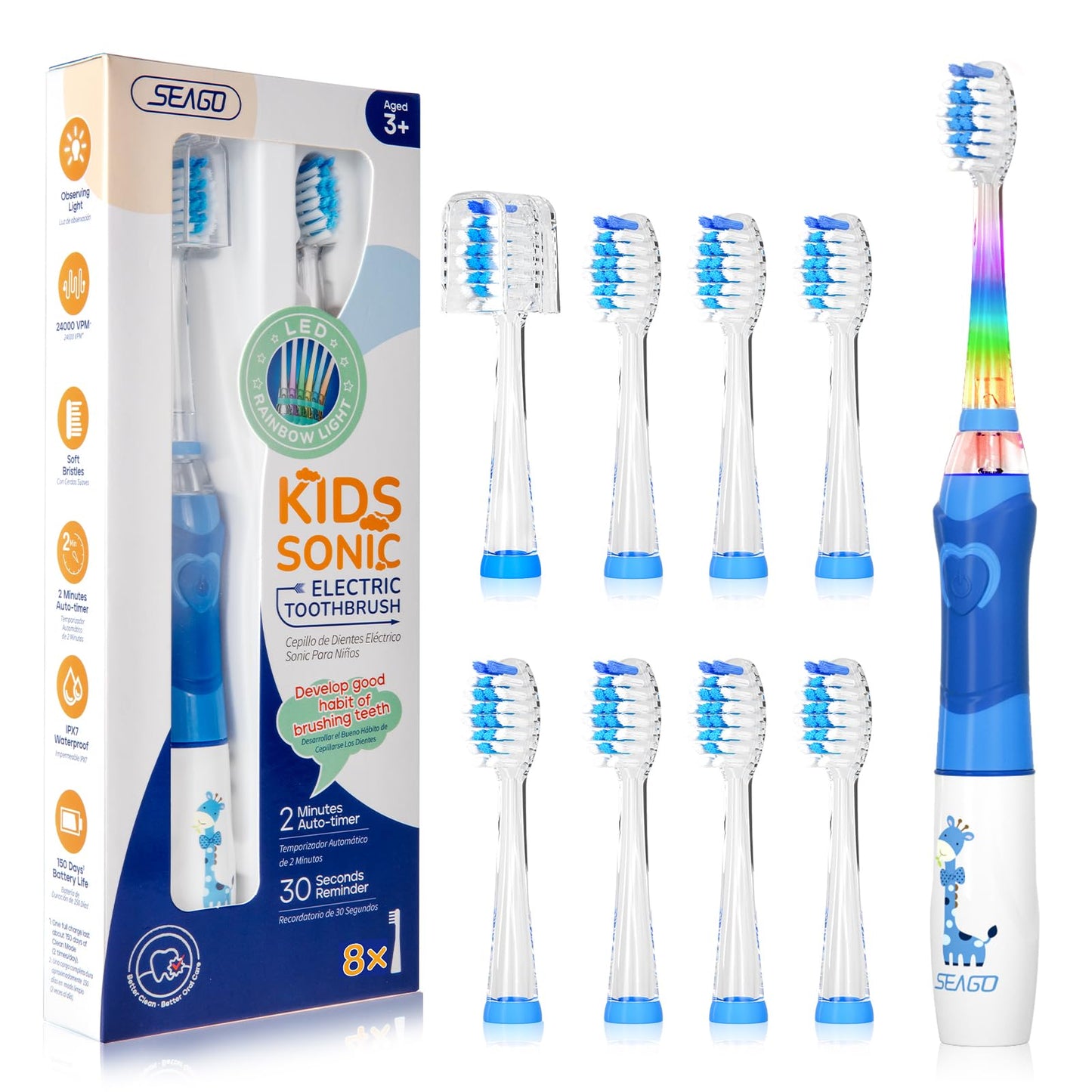 SEAGO Kids Electric Toothbrush with 2 Mins Brushing Timer and 8 Replacement Bursh Heads,Rainbow LED Light Make Brushing Fun, Pink Color Girls Battery Powerd Toothbrush for 4-12 Years Old