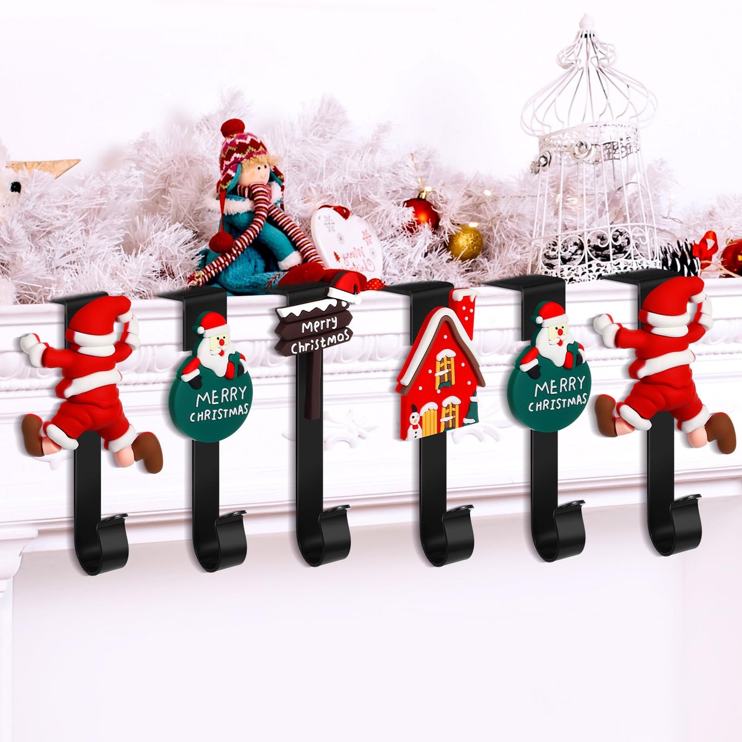 Hicarer Set of 6 Christmas Stocking Hooks for Mantle, Metal Holders for Hanging Stockings, Stocking Hangers for Fireplace for Christmas Decorations (Santa)
