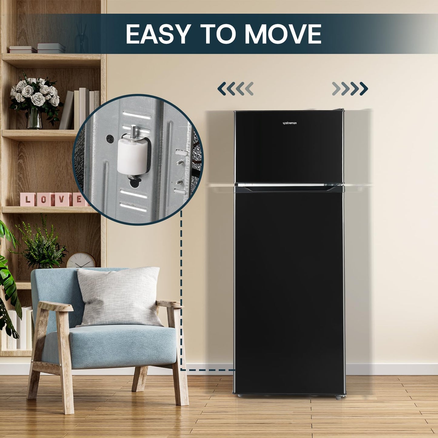 Upstreman 7.7 Cu.Ft. Refrigerator with Freezer, Double Door Fridge, Adjustable Thermostat, Large Capacity, Reversible Door Swing, Refrigerator for Apartment, Office, Dorm, Black（BD75）