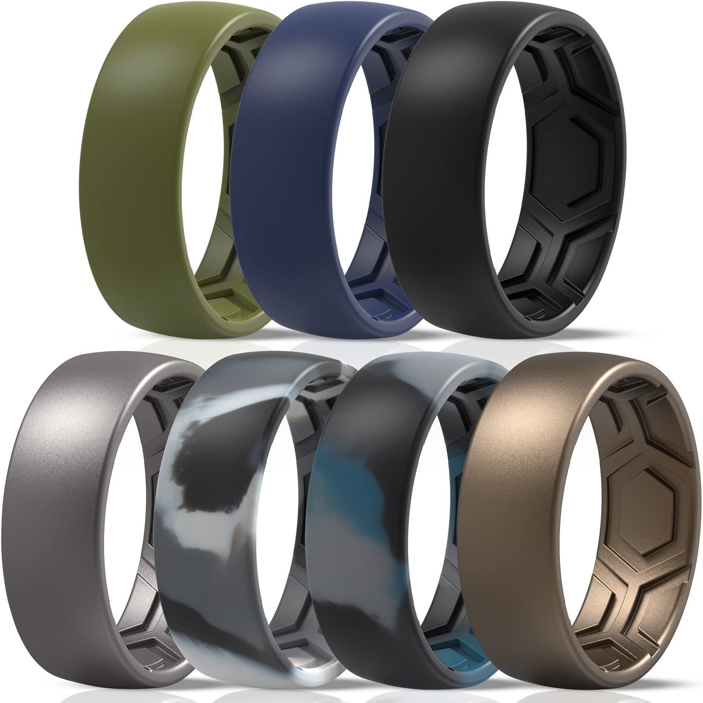 ThunderFit Men's Patterned Silicone Rings, 8mm Wide 2.2mm Thick Rubber Bands,Variety Multipack 1,4,7