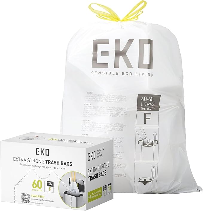 EKO 13 Gallon / 40-60 Liter, Extra-Strong Unscented Garbage Bags, Easy-Dispense
