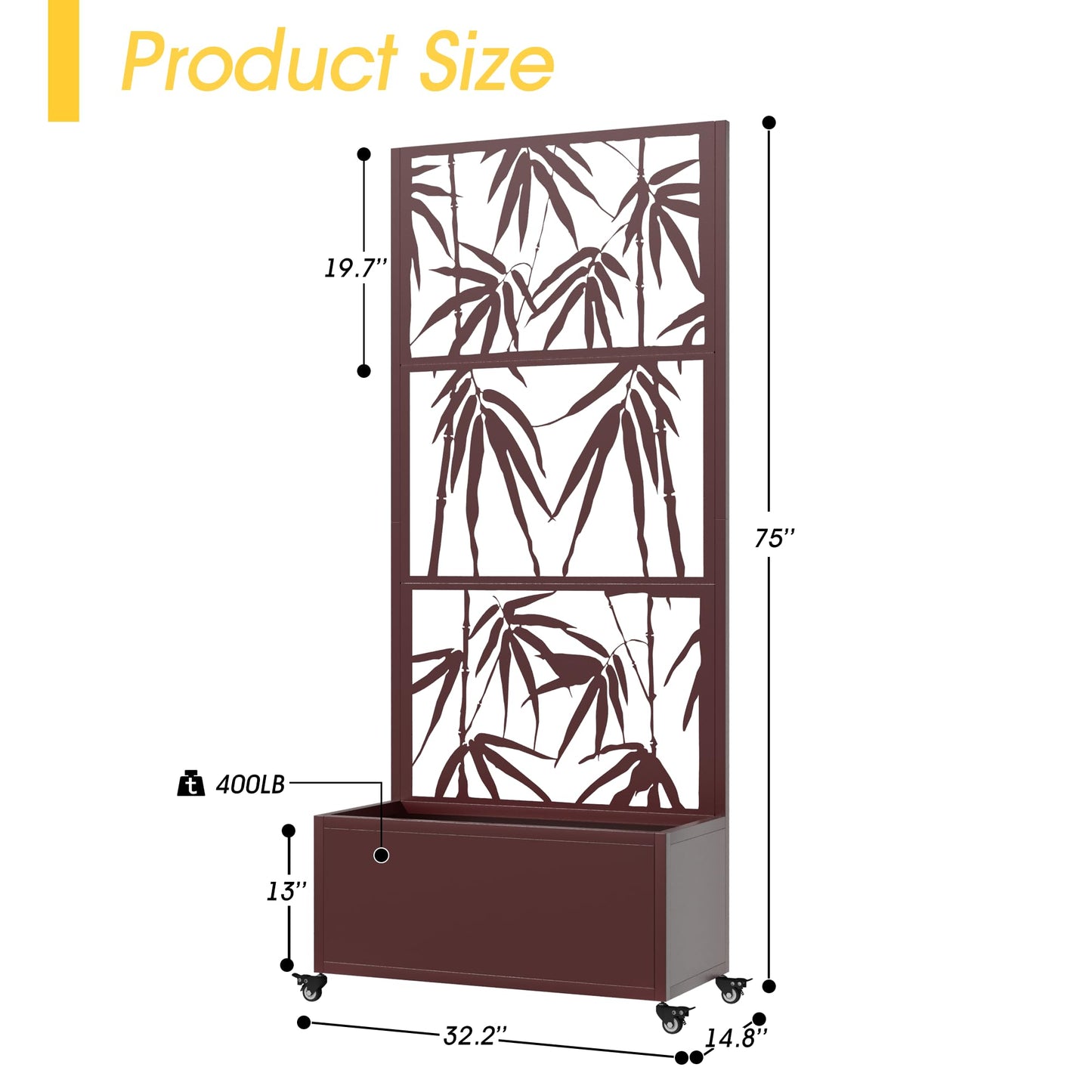 UPHYB Metal Planter Box with Trellis, 71"x 35"x 16" Raised Garden Bed with Trellis, Planter Box Trellis with Privacy Screen, Drainage Holes and 4 Lockable Wheels, Brown, Bamboo Style