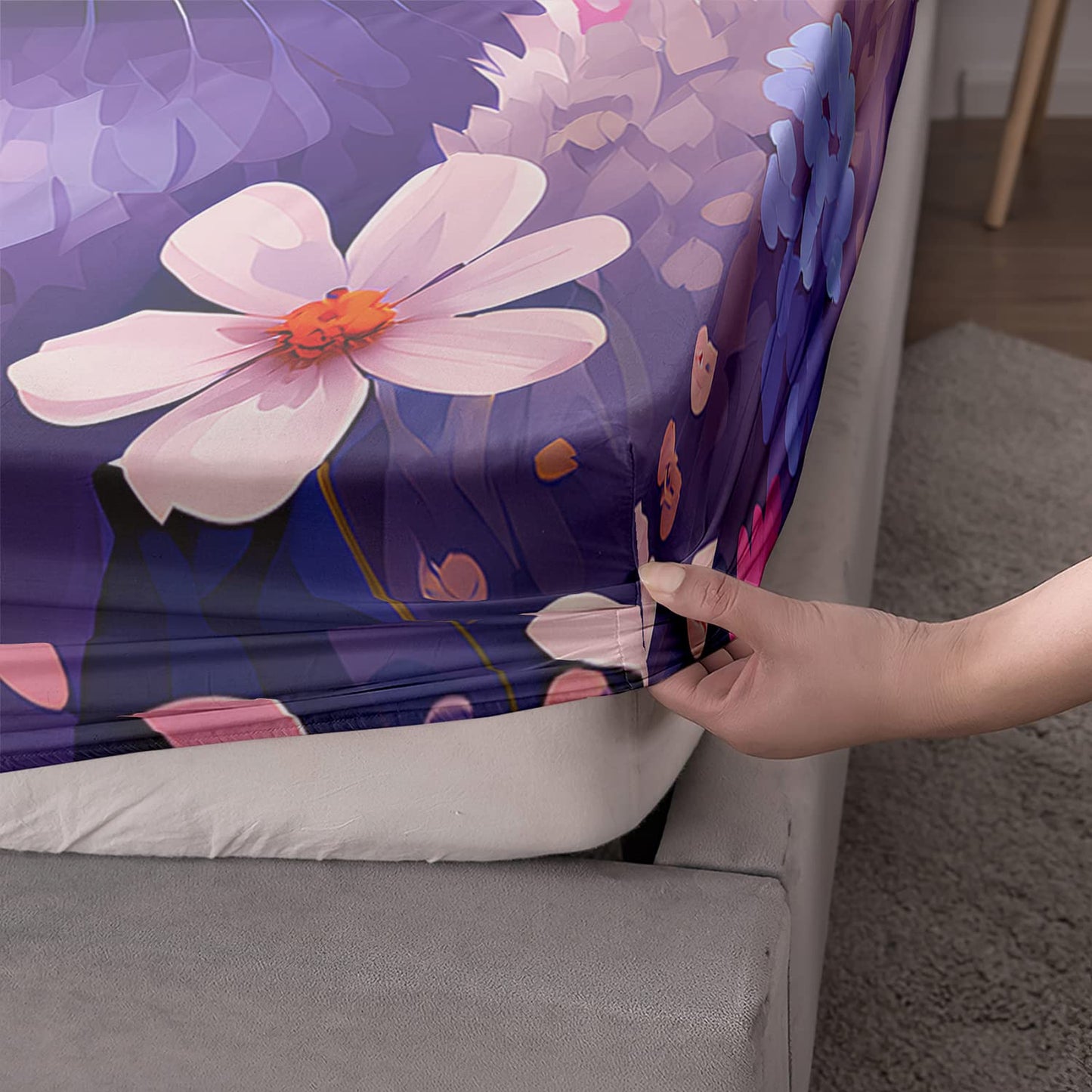 HOSIMA Cat Fitted Sheet Queen Size Rainbow Bedding Set,Kawaii Toddler Sets for Girls Teens Room Decor Aesthetic,Floral Set with 2 Pillowcases, Violet, Queen 60''x80''