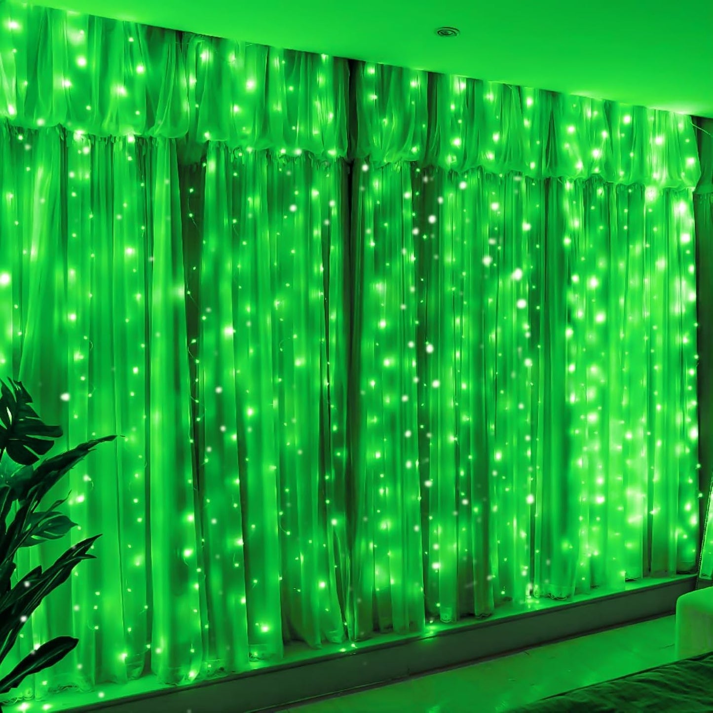 HXWEIYE 300LED Fairy Curtain Lights, 9.8x9.8Ft USB Plug-in 8 Modes Christmas String Hanging Lights with Remote for Bedroom Backdrop Wedding Indoor Wall Decor, Green, Standard – 1 Pack