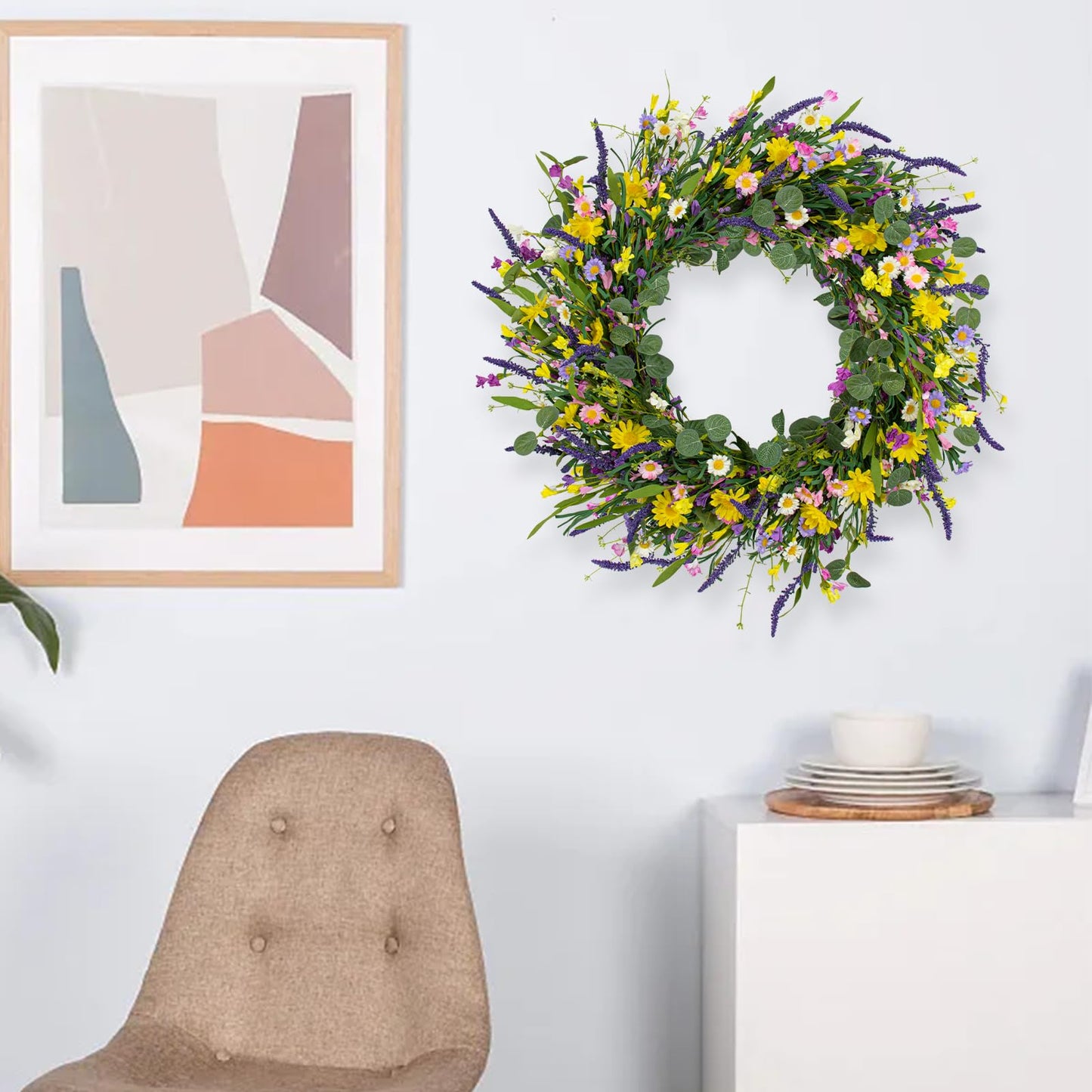 J'FLORU Large Spring Wreaths for Front Door 28 Inch Artificial Spring Wreath Summer Flower Wreath with Daisy and Lavender for Indoor Outdoor Wall Window and Easter Celebration
