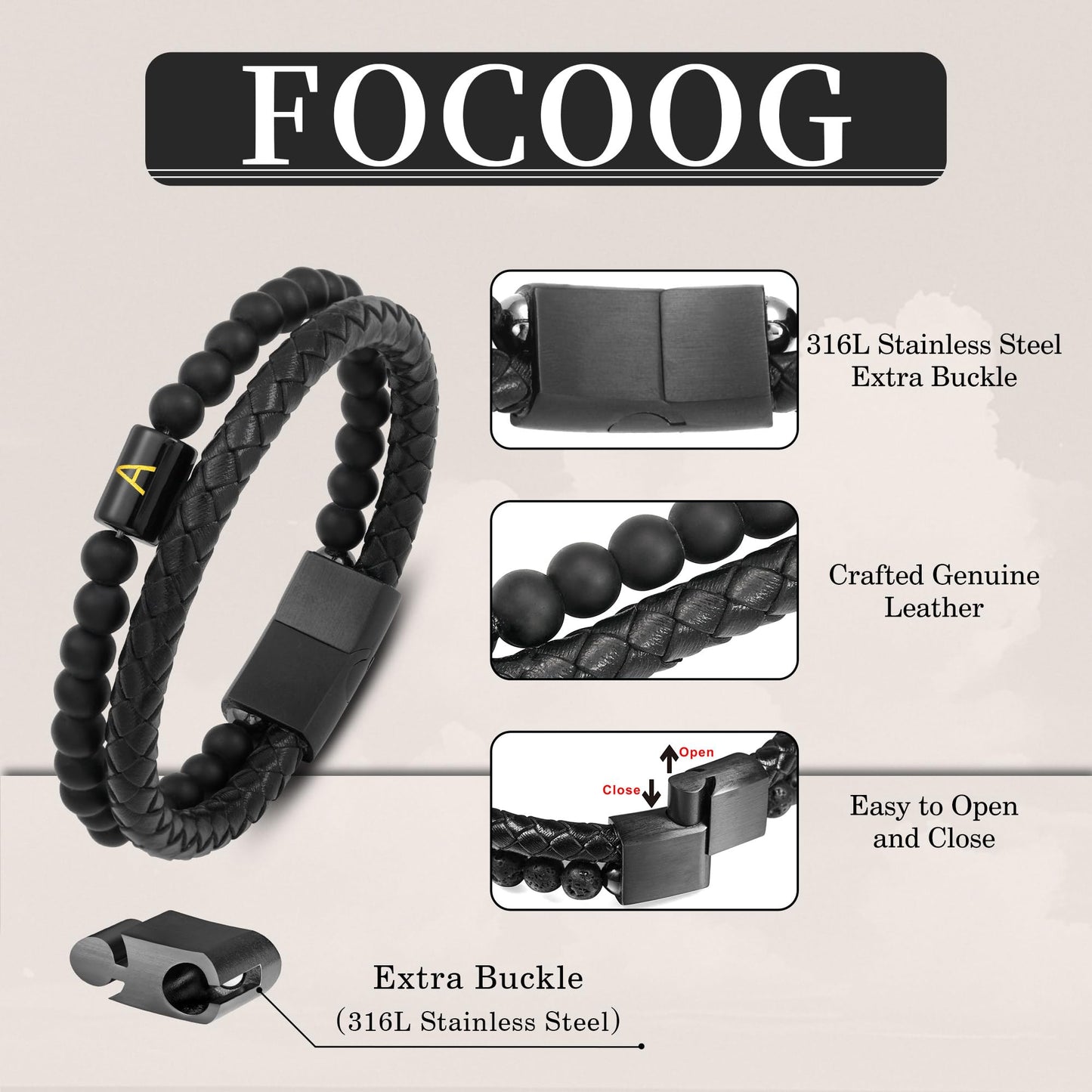 Mens Leather Bracelet with Initial - Men Gift Matte Agate Bead Magnetic Clasp Black Leather Bracelets Mens Gifts Men Bracelets with Initial P Bracelet for Men's Jewelry Men's Gifts for Dad Husband Him