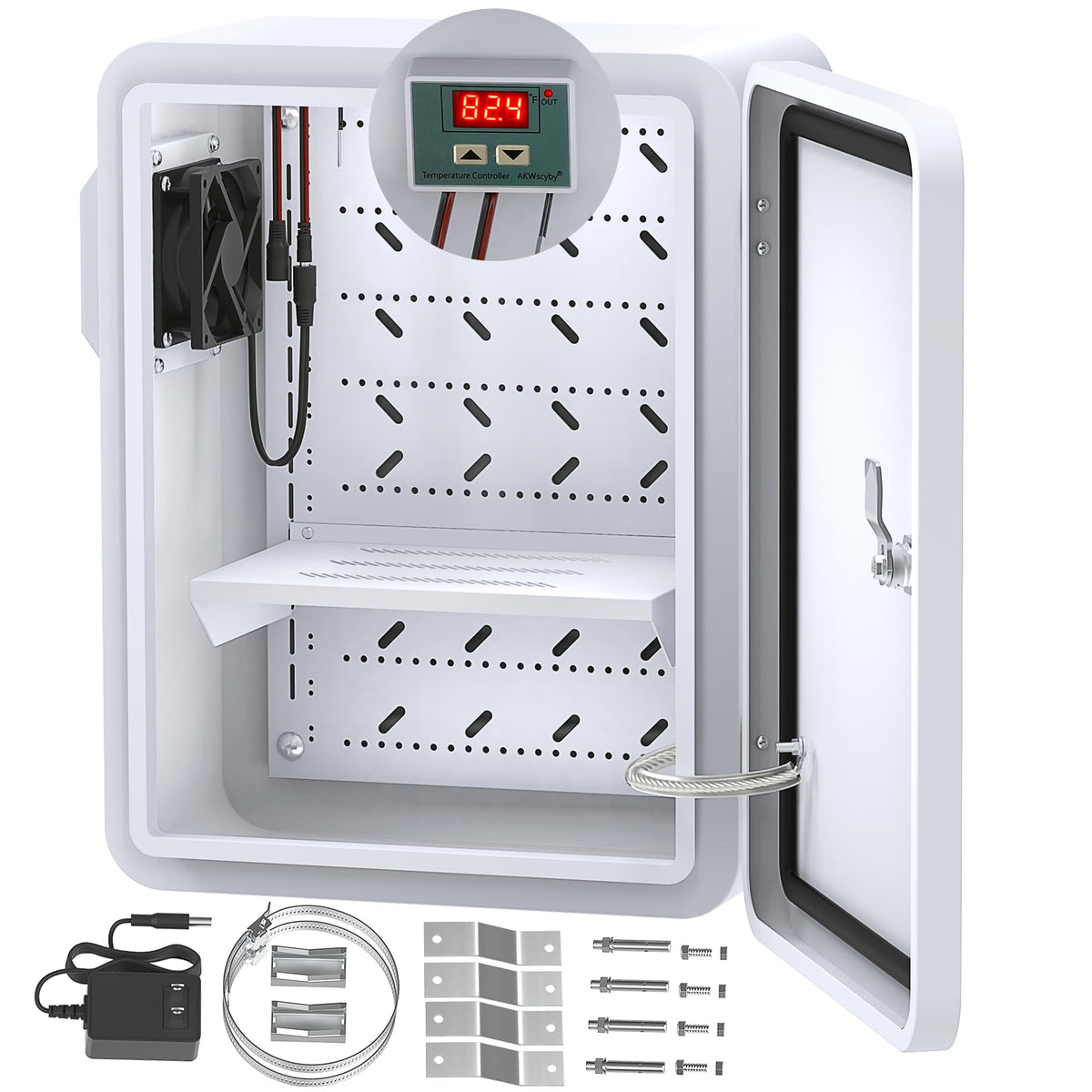 Akwscyby Outdoor Electrical Box with Thermostat and Fan, Precise Temperature Control 0.1°F, IP65 Water Resistant Rating, Galvanized Steel, Aluminum Rear Beam(17.7" x 13.8" x 7.9")