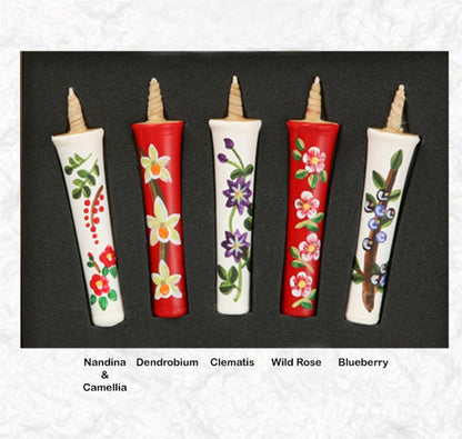IPPINKA Japanese E-Rosoku Candles, Set of 5 – 100% Organic Vegetable Haze Wax, Hand-Painted Floral Designs, Dripless, Smokeless, Handmade in Japan