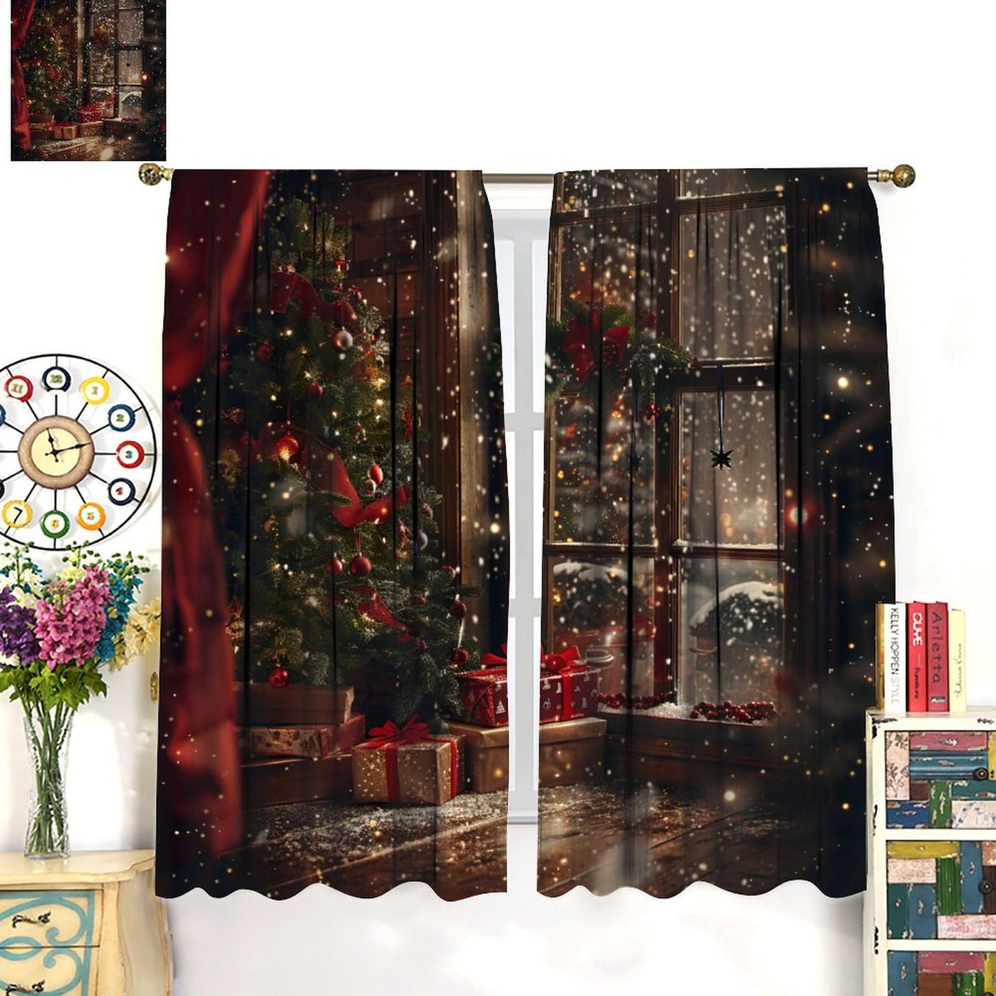 Merry Christmas Curtains Happy New Year Christmas Tree Snowflake for Living Room Bedroom Decor Window Drapes 42" W X 45" L
