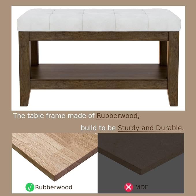 ABHENG Solid Rubber Wood Shoe Bench, Soft Chenille Material Upholstered Seat