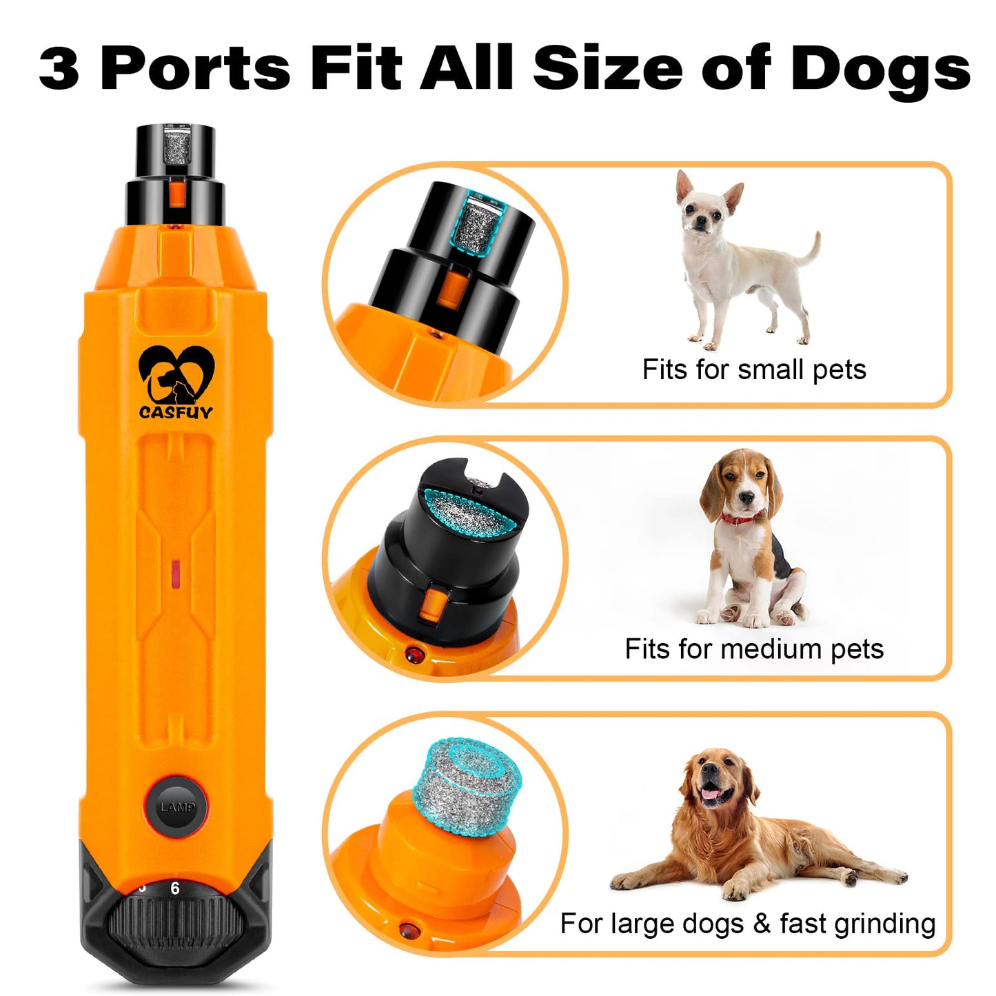 Casfuy 6-Speed Dog Nail Grinder - Newest Enhanced Pet Nail Grinder Super Quiet Rechargeable Electric Dog Nail Trimmer Painless Paws Grooming & Smoothing Tool for Large Medium Small Dogs