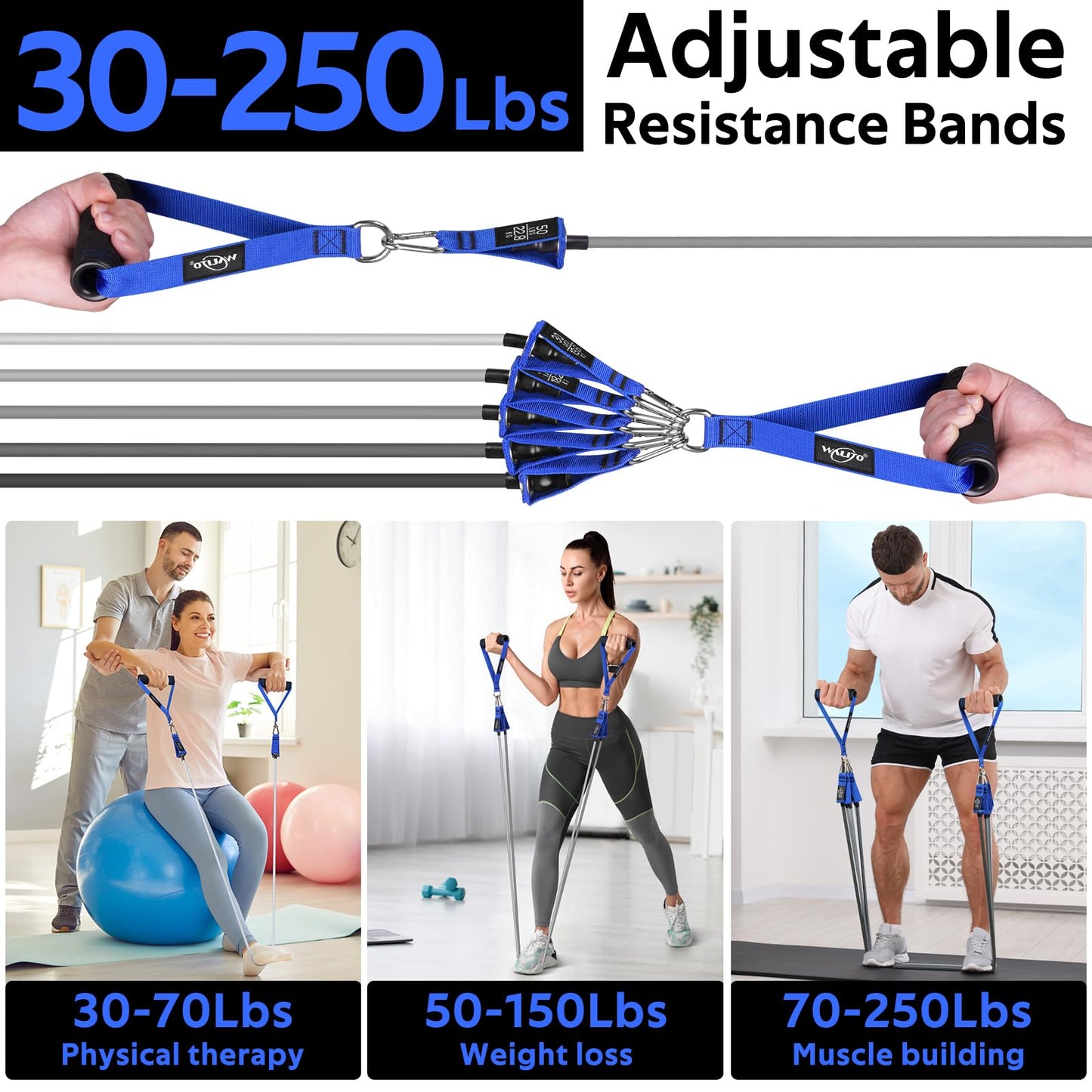 WALITO Resistance Bands Set - Exercise Bands with Handles, Door Anchor, Legs Ankle Straps, for Heavy Resistance Training, Physical Therapy, Muscle Training, Yoga, Home Workouts, Gym