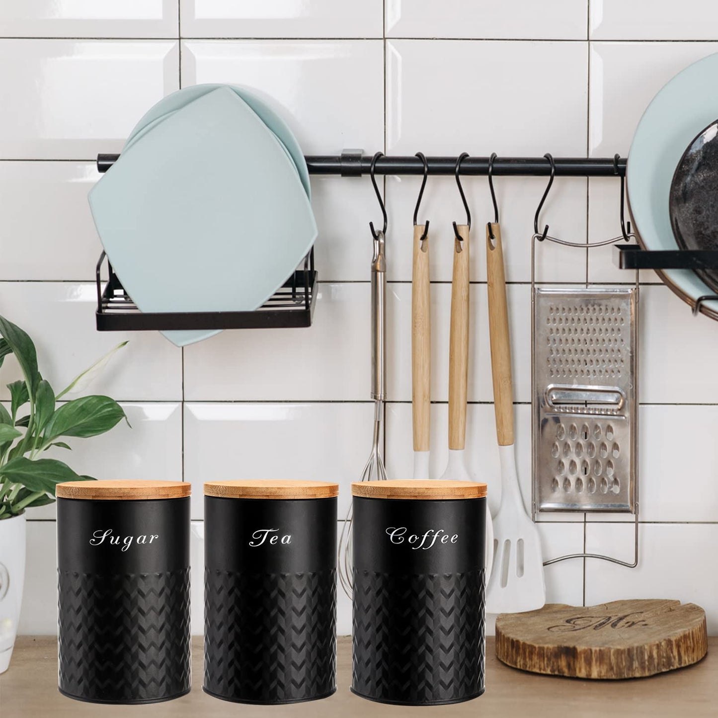 Bekith 3 Pack Kitchen Canisters with Bamboo Lids, Airtight Metal Canister Set, Food Storage Containers Jars for Coffee, Sugar, Tea, Flour, Rustic Kitchen Decor Containers, Black