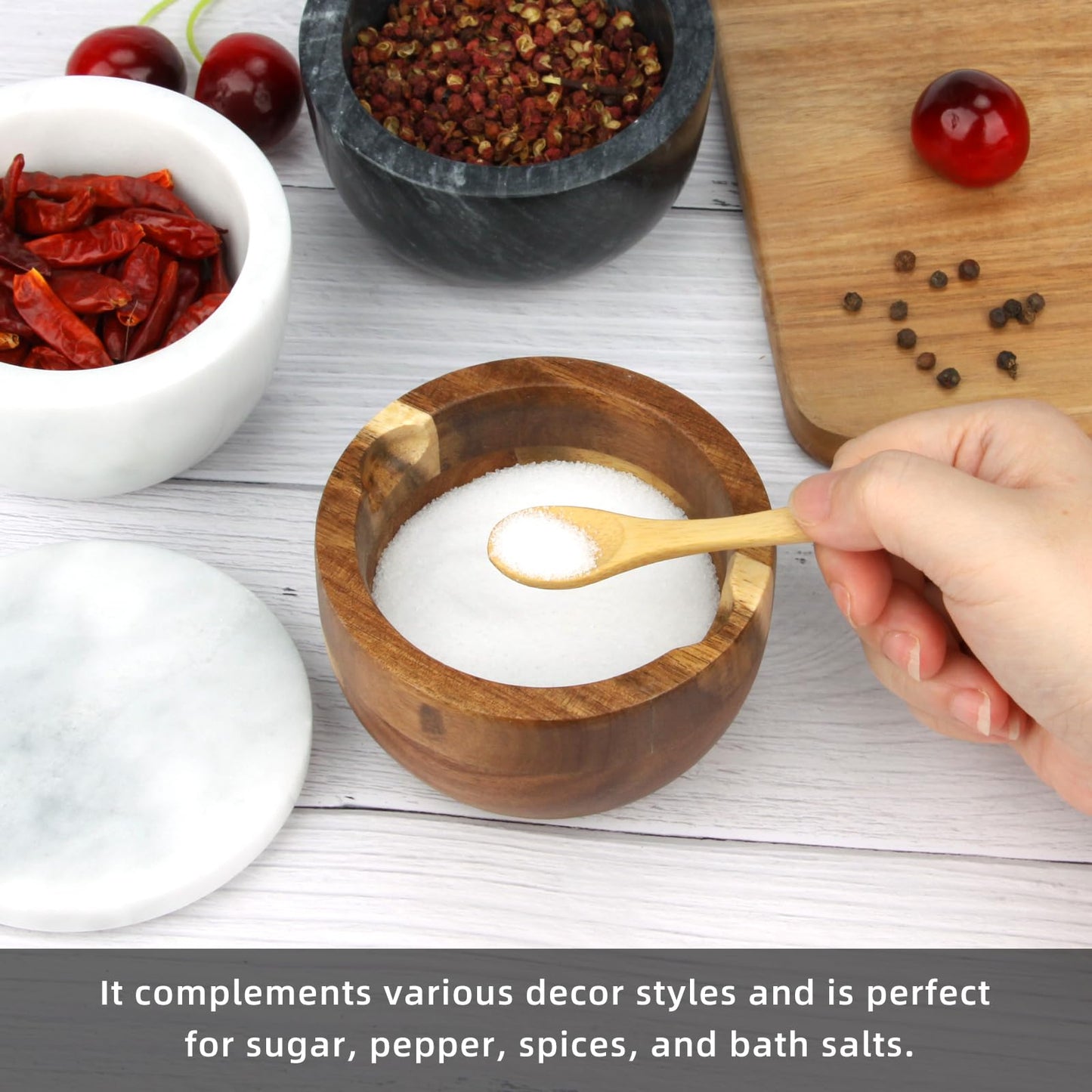 HESHIBI Salt Cellar Box with Lid & Spoon, Modern White Stone Salt or Pepper Sugar Spice Seasoning Bowl Container Jar Holder Well Keeper Dish Pig Crock for Kitchen (White Grey Marble Lid)
