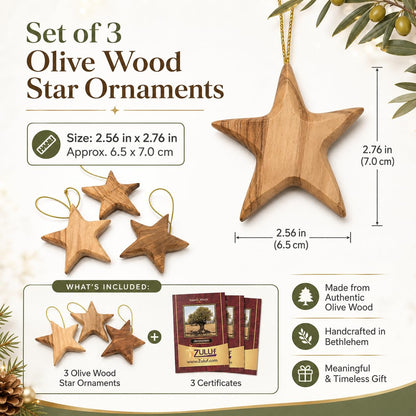 Zuluf Set of 3 Olive Wood Star Ornaments from Bethlehem 2.56 Inch, Handcrafted Star of Bethlehem Christmas Tree Decorations, Rustic Holy Land Christian Wooden Ornaments, with Certificates