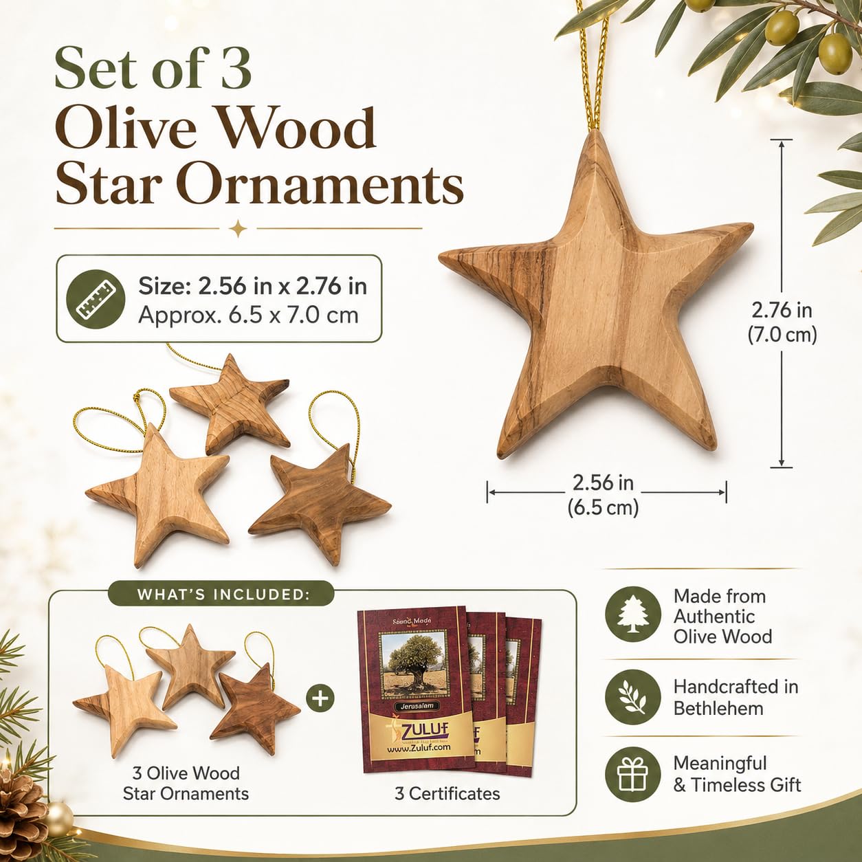 Zuluf Set of 3 Olive Wood Star Ornaments from Bethlehem 2.56 Inch, Handcrafted Star of Bethlehem Christmas Tree Decorations, Rustic Holy Land Christian Wooden Ornaments, with Certificates