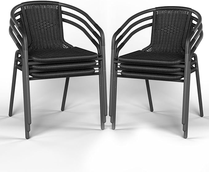 Amopatio Outdoor Dining Chairs Set of 6, Rattan Patio Chairs Wicker, Stackable Indoor-Outdoor Chair, Bistro, Deck, Yard, Porch, Restaurant Stack Chairs, Black