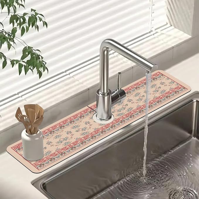Sink Splash Guard Faucet Mat Retro Boho Flowers Absorbent Fast Drying Mat Sink