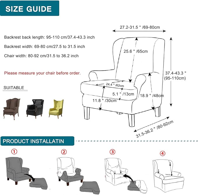 KRFOONN Wing Chair Slipcovers 2 Piece Stretch Leather Look Wingback Chair