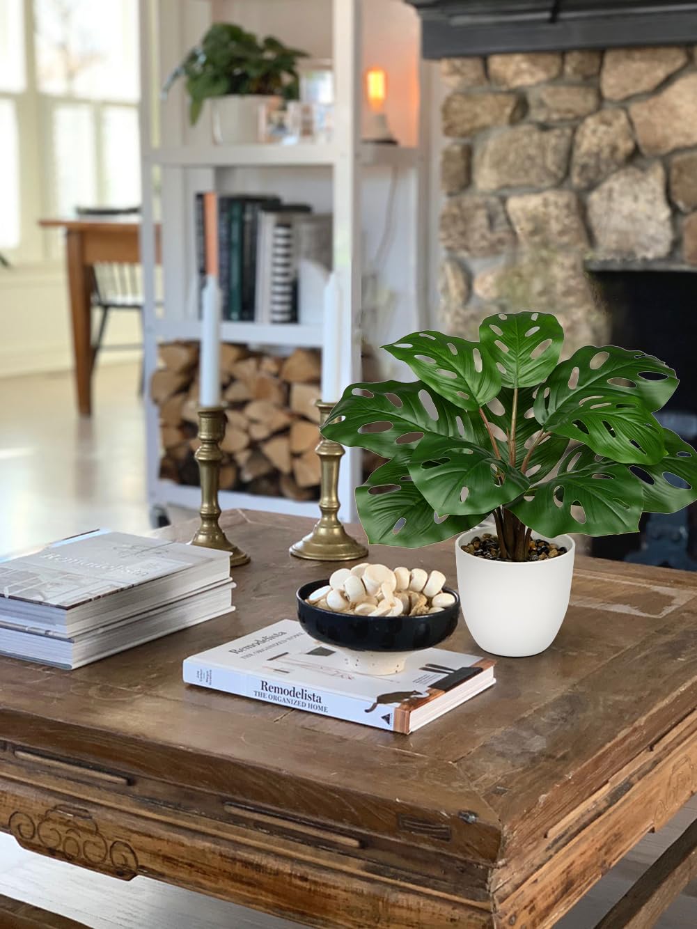 Hollyone Artificial Monstera Plant Faux Monstera Plant Potted Fake Tropical Plants Potted for Indoor Outdoor Home Desk Office Garden Farmhouse Decoration