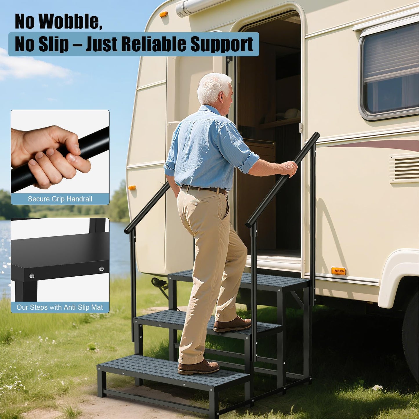 RV Steps with 2 Handrail, 4-Step Heavy Duty Hot Tub Steps, Non-Slip Outdoor Spa Steps for RV, Camper, Trailer, Mobile Home, Porch, Portable Ladder Stairs with Anti-Slip Mats (4 Steps with 2 Handrail)