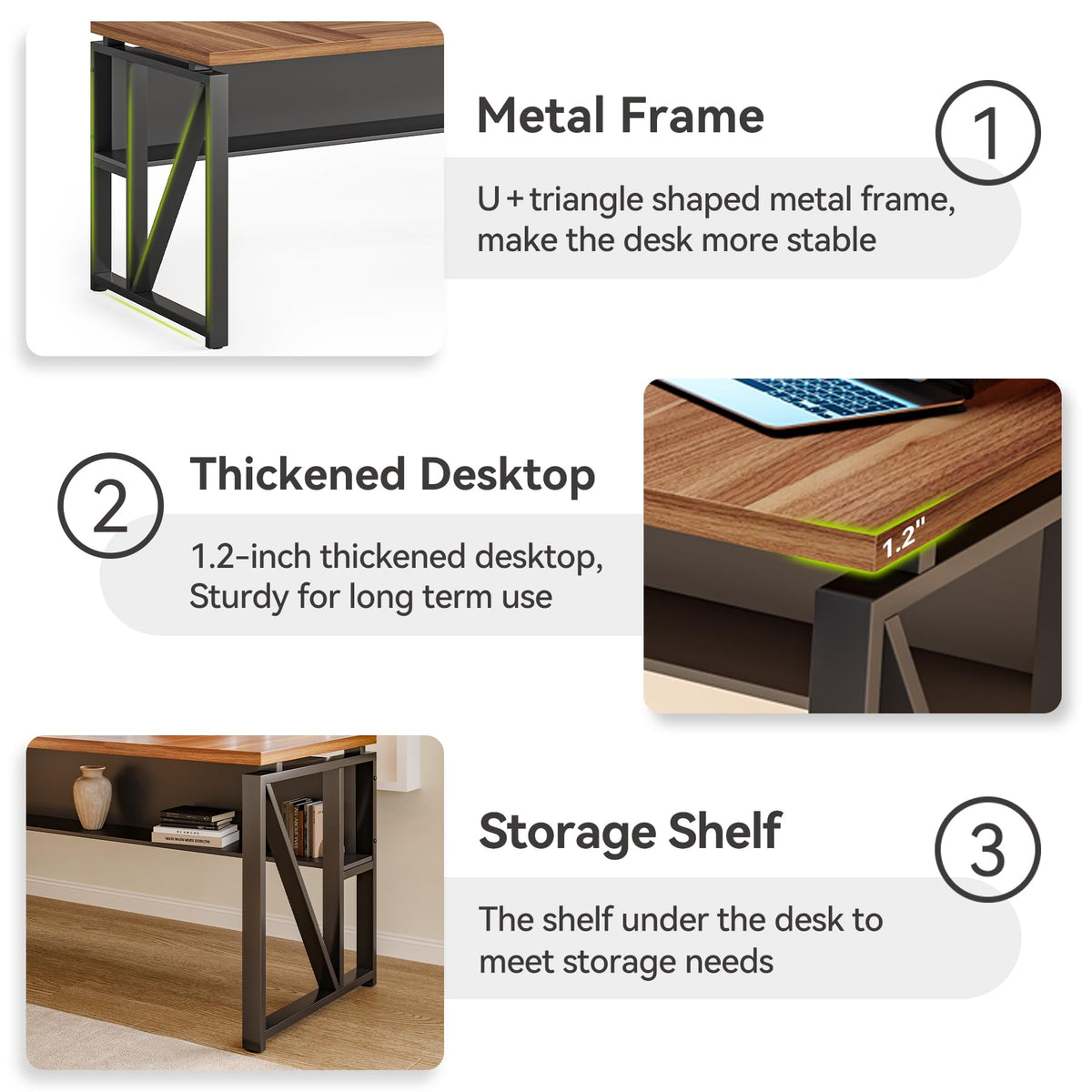LITTLE TREE 63-Inch Executive Office Desk, Large Computer Desk with Storage Shelf, Executive Desk with Metal Frame, Study Writing Desk Work Station for Home Office, Brown + Black