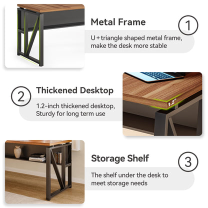 LITTLE TREE 63-Inch Executive Office Desk, Large Computer Desk with Storage Shelf, Executive Desk with Metal Frame, Study Writing Desk Work Station for Home Office, Brown + Black