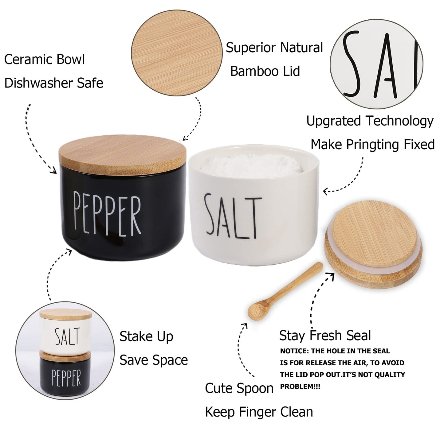 VICUKIE Farmhouse Salt And Pepper Bowls,Stacked Ceramic Salt Cellar With Bamboo Lid, Salt Container With Lid Spoon, Modern Farmhouse Kitchen Decor, Spice Box（Darker Black & White）