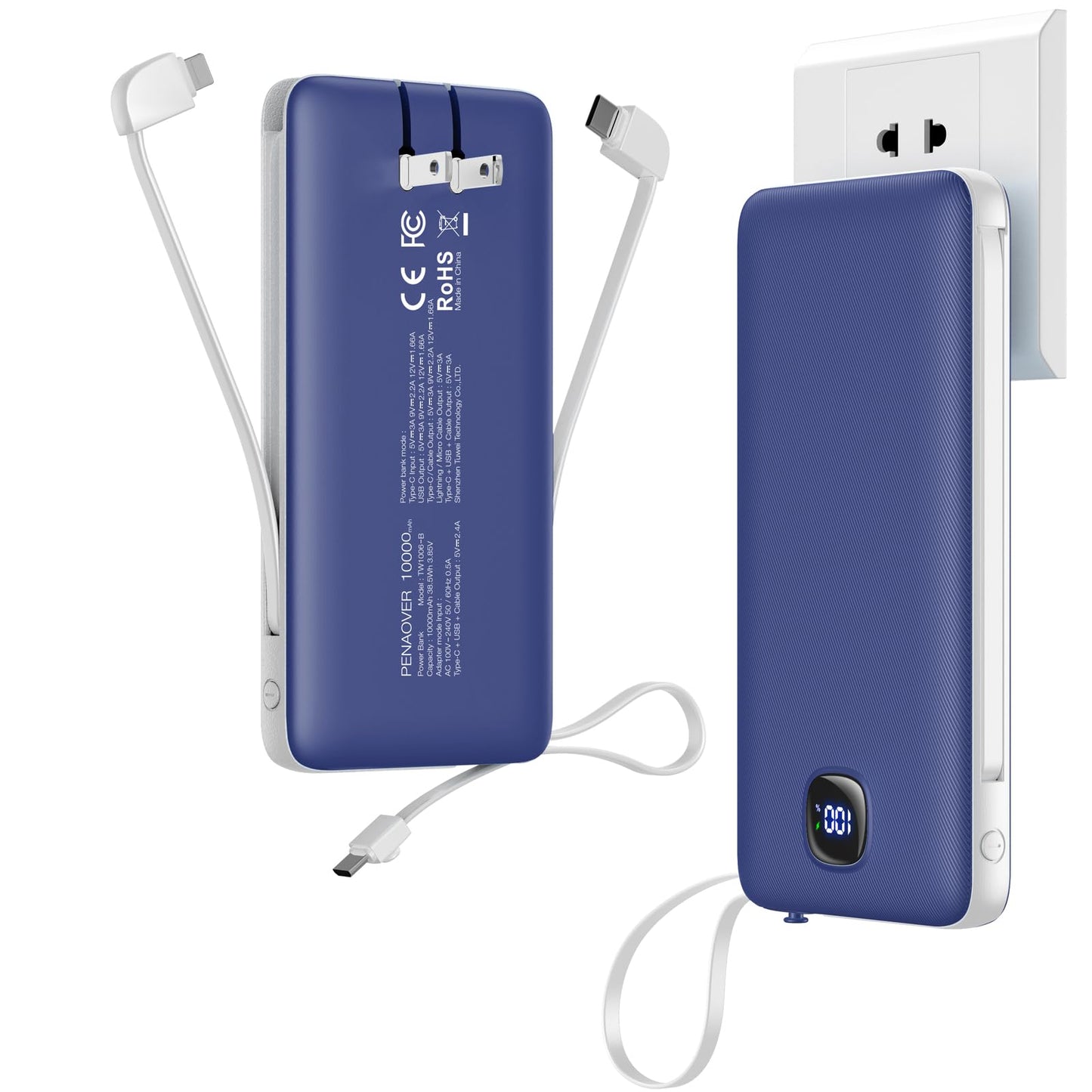 Portable Charger with Built-in Cables&AC Wall Plug,Slim 10000mAh 22.5W Fast Charging Power Bank,5 Output 2 Input USB-C External Battery Pack Compatible with iPhones,Samsung,Android, etc