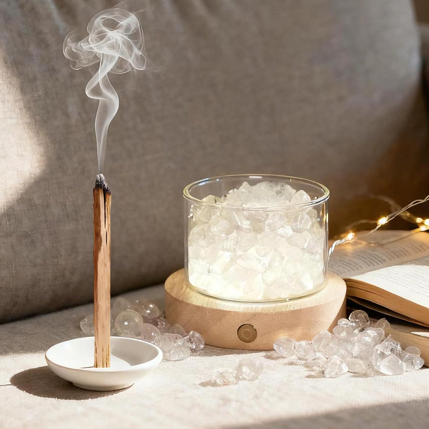 Lamptobe Quartz Crystals Lamp with Wooden Base & Palo Santo for Energy Cleansing, Spiritual Gift for Women, Chakra Light for Meditation Reiki Yoga Birthday Healing Crystals Home Office Decor Bedroom