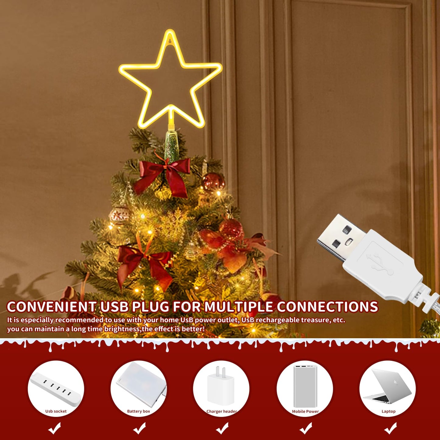 KOUPA 14.5-Inch Christmas Tree Topper Large 5 Point Star Treetop with LED Warm White Lights for Xmas Ornaments and Holiday Seasonal Tree Decorations