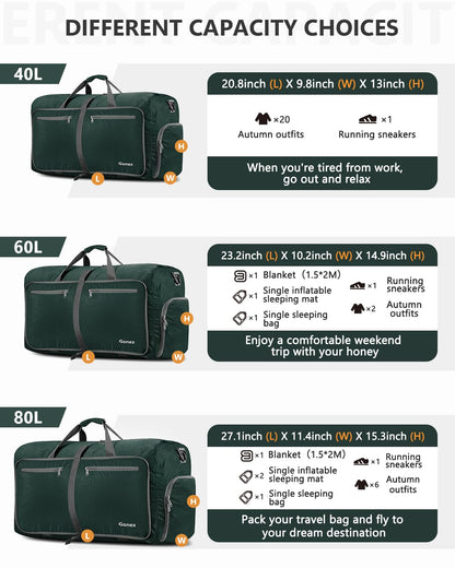 Gonex 80L Packable Travel Duffle Bag Foldable Duffel Bags for Luggage Gym Sports Camping Travelling Cycling Storage Shopping Water & Tear Resistant Dark Green