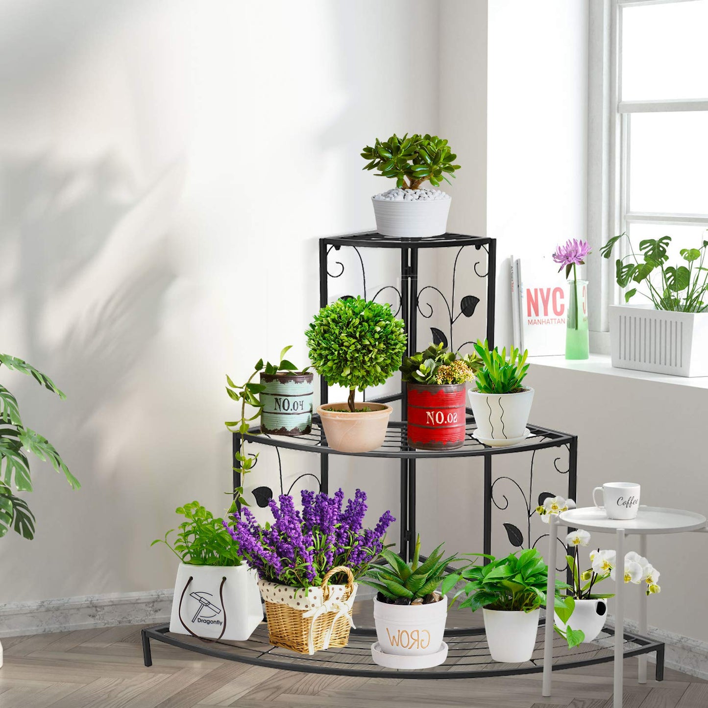 Giantex 3 Tiers Corner Shelf Metal Plant Stand, Stair-Step Style Flower Pot Display, Ladder Plant Display Rack, Quarter Round Plant Shelf for Indoor Outdoor Use