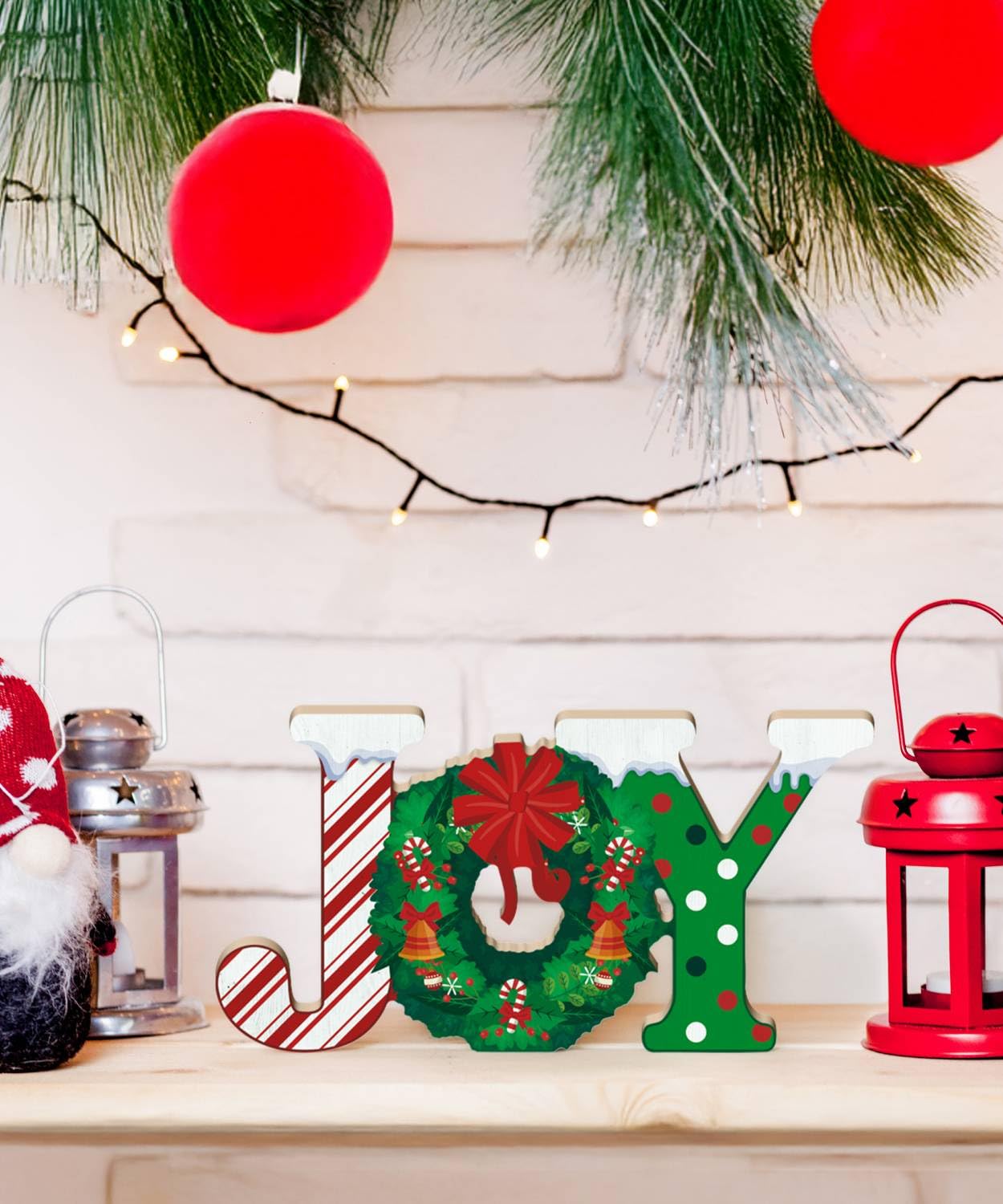 Putuo Decor Christmas Table Decor, Red Joy Christmas Letters Decorations Indoor with Wreath Candy Cane Pattern, Wooden Joy Christmas Sign for Home Fireplace Mantel Xmas Holiday Decor
