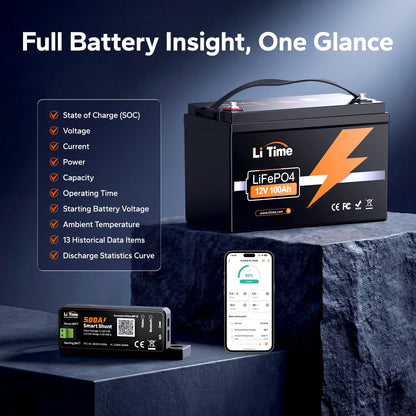 Litime 500A Bluetooth Battery Shunt, Compatible with 8V–120V Lead Acid, LFP, Lithium, AGM Batteries, SOC, Alarm Alerts, History Records, App Monitoring, Ideal for RV/Marine/Off-Grid