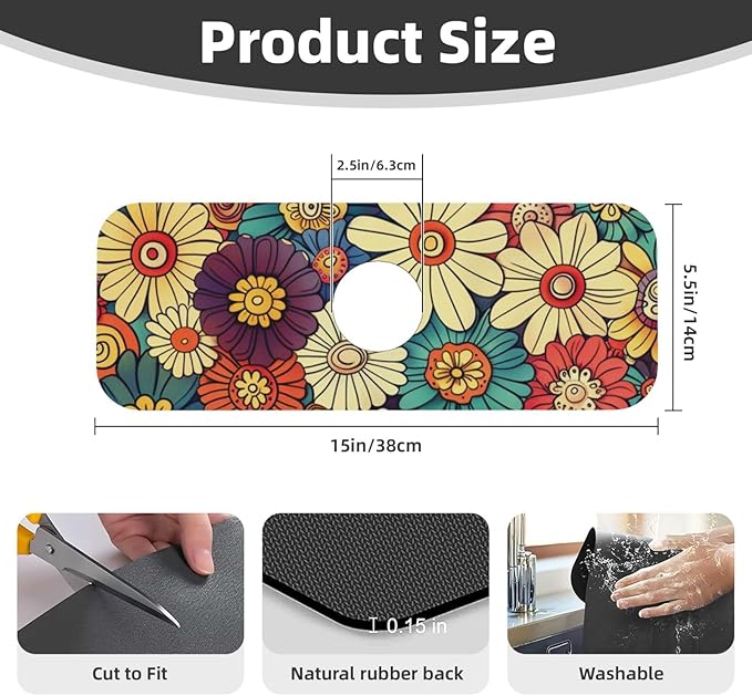 Kitchen Faucet Mat 15 x 5.5 Inch Abstract retro flower Faucet Draining Mat