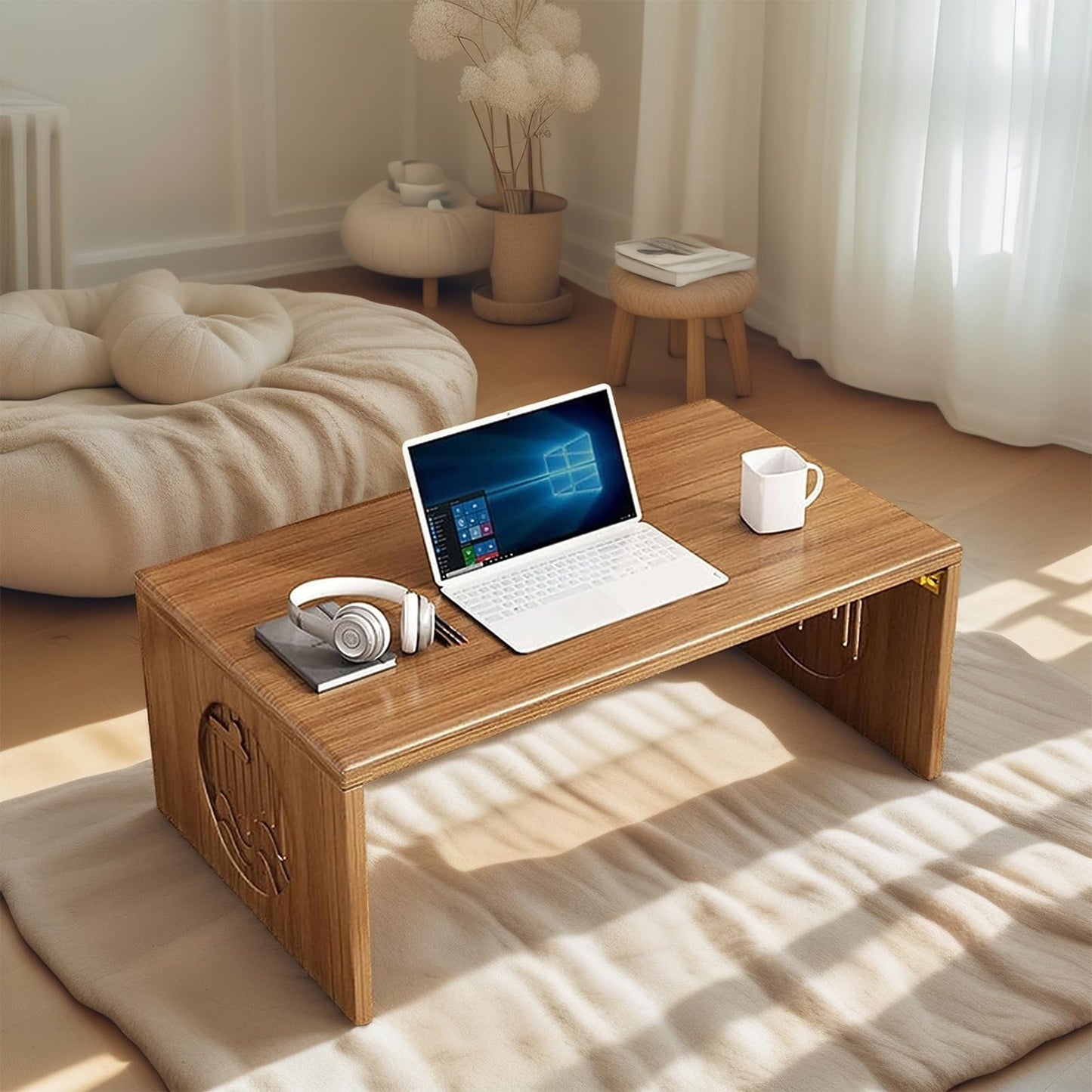 teyeard Japanese Folding Coffee Table, Foldable Low Coffee Tables, Bamboo Floor Table Desk for Sitting on The Floor, No Assembly, Portable Living Coffee Table (39.4 Inch)