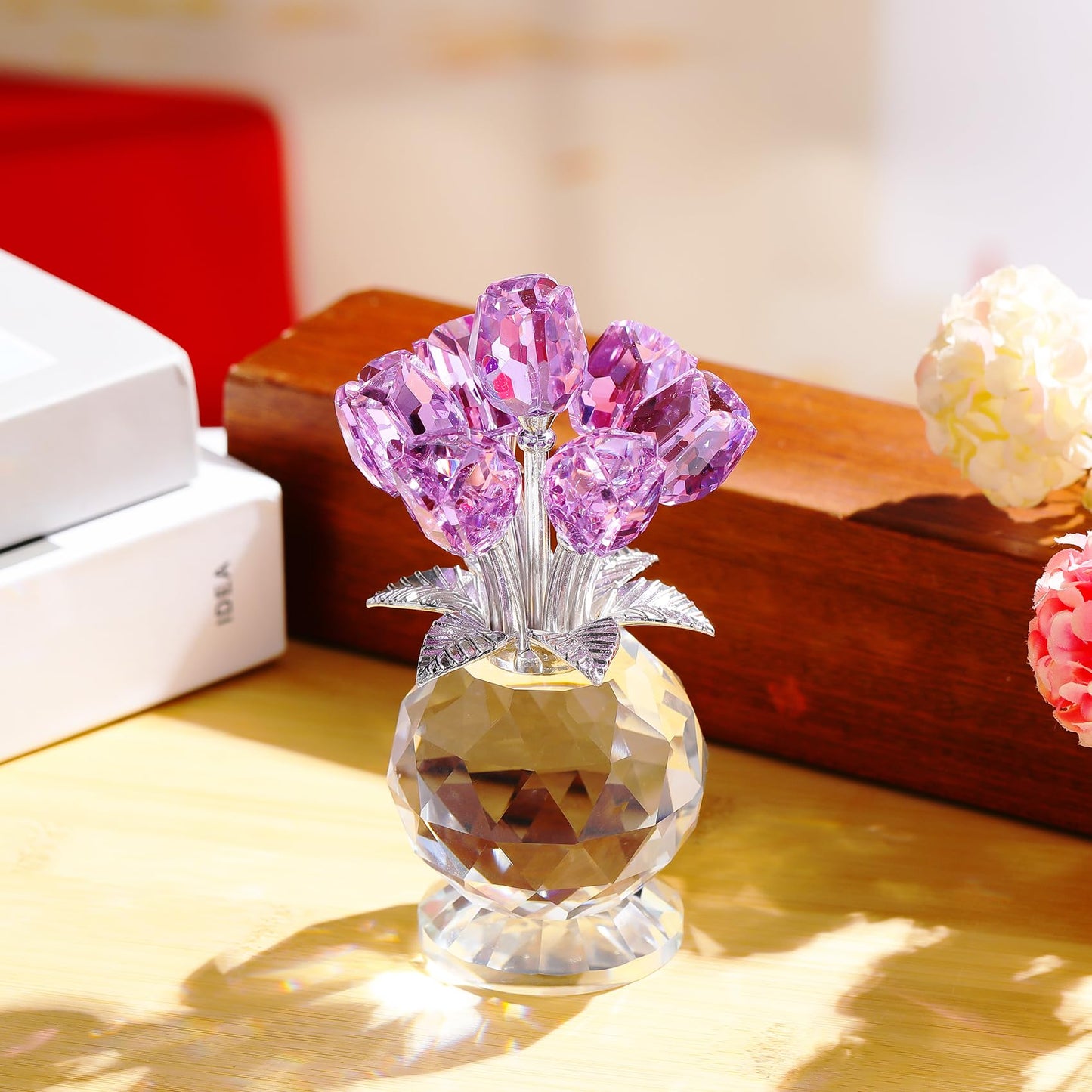 Ornalrist Crystal Purple Tulips Bouquet Figurines Gifts for Her Glass Purple Flowers Decor for Home Romantic Floral Presents for Women Mom Wife Mother's Day Birthday Anniversary Christmas