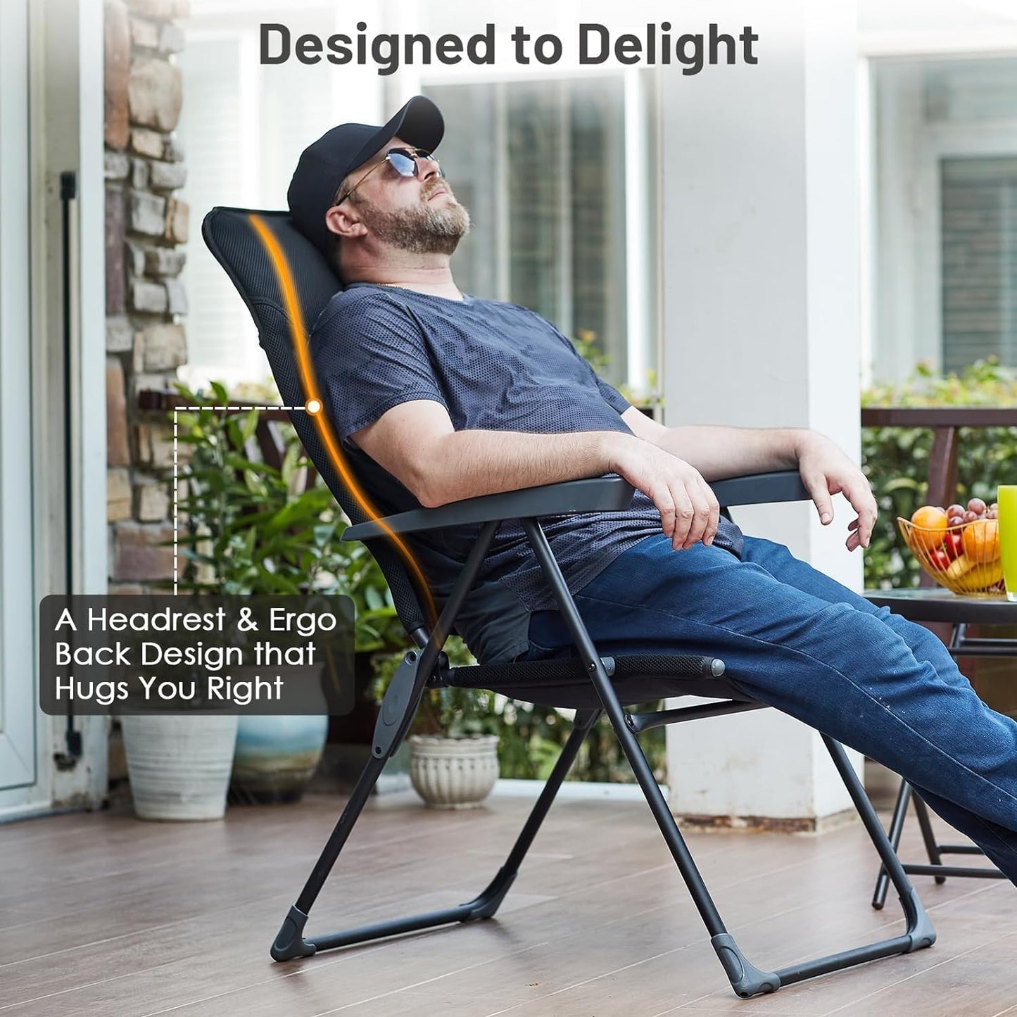 TIMBER RIDGE 7-Level Reclining Camping Chair, Adjustable Folding Patio Chair with High Back for Adults, Lightweight Aluminum Padded Lawn Chair for Outside, Heavy Duty Supports 300 LBS, Black-1 Pack