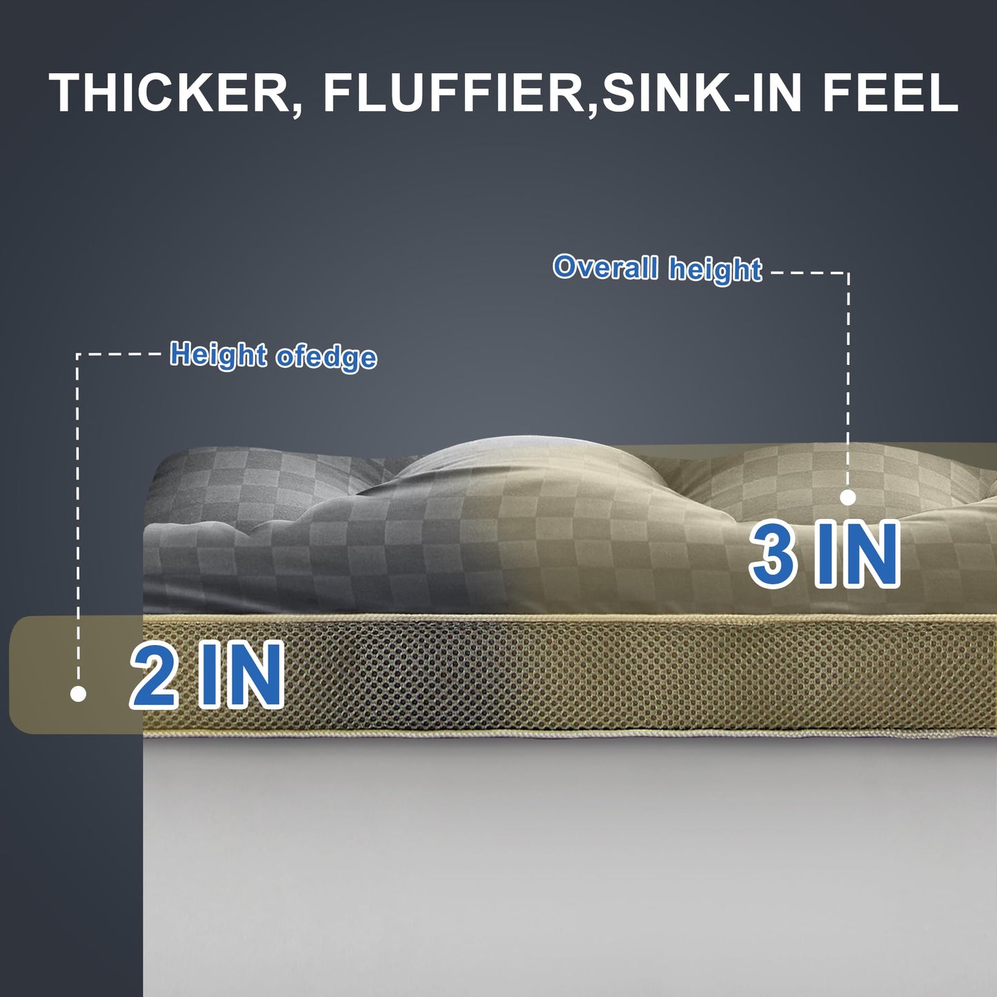 3In Extra Thick Mattress Topper Cooling Pillow Top Airflow Design for Hot Sleepers, Soft Comfort & Supportive, Pressure-Relieving Pad for Back & Side Sleepers, Easy Setup & Wash, Queen 60”*80”