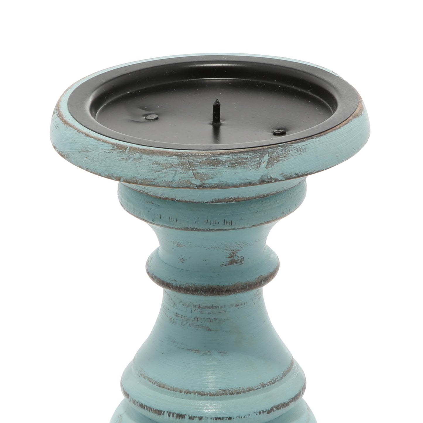 Deco 79 Mango Wood Decorative Candle Holder Distressed Turned Pillar Candle Stand, Set of 3 Candlestick Holder 6", 8", 10"H, Light Blue